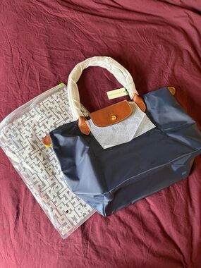 Longchamp Navy blue Le Pliage Tote with Brown Leather Trim